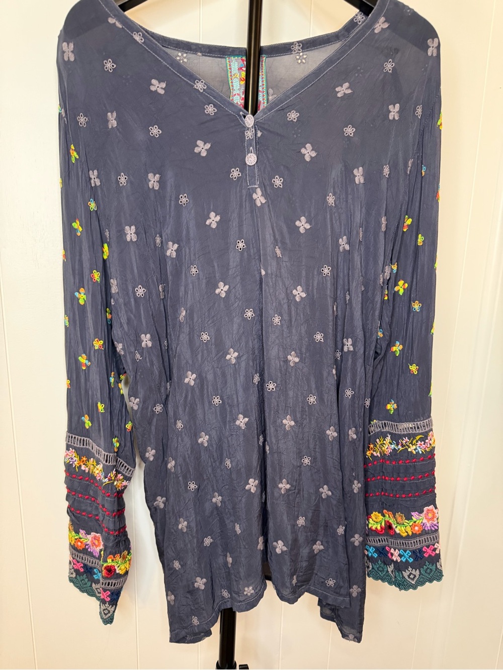 Johnny Was Navy Embroidered Floral Sleeve Tunic